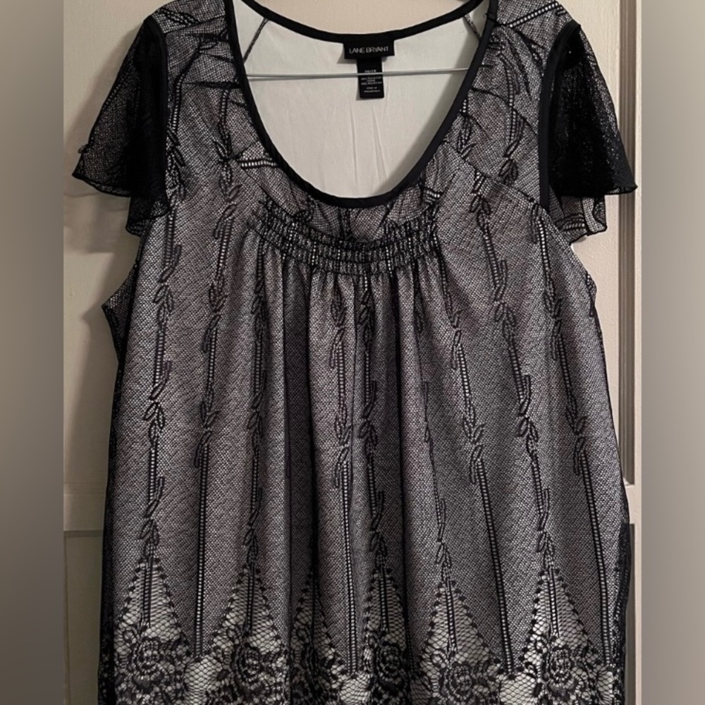 Lane Bryant Black Lace Blouse with Off White Lining.
